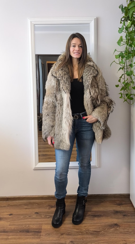 Women’s Natural Raccoon Fur Coat, Genuine Fur, Mid Length Real Fur Coat, Luxury Vintage Winter Jacket