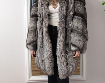 Vintage Silver Fox Fur Coat Women XL XXL Real Fur Coat Fox Fur Jacket Mid Length Gray Fur Coat Luxury Winter Outerwear