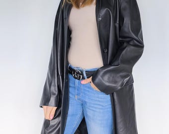 Rosenberg & Lenhart Black Lambskin Leather Coat, vintage, elegant, long coat Luxurious Classic, Size D46 / PL 44
