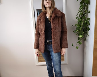 Natural fur 100% real rabbit Brown jacket leather skin winter coat size S/M