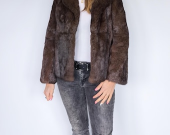 Short Natural Rabbit Fur Jacket • Soft Real Fur Coat • Chocolate Brown Rabbit Fur • Size S/M • Fluffy & Cozy Winter Jacket