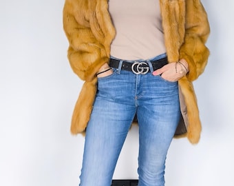 Abrigo de piel auténtica para mujer, abrigo, chaqueta de piel, piel auténtica vintage, comadreja siberiana, piel roja talla L o XL brillante, única