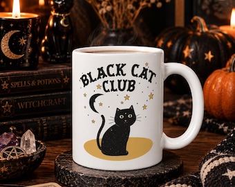 Black Cat Club Mug, Black Cat Lover Gift, Halloween Mug, Cute Cat Coffee Mug, Gothic Cat Mug, Witchy Mug, Cat Mom Gift