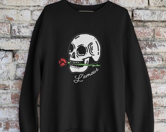Valentines Day Shirt, L'amour Sweatshirt, L'amour sweatshirt, Skull sweatshirt, old school sweatshirt, skull and roses sweatshirt