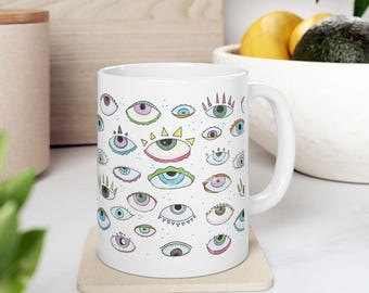 Evil Eye Mug, Eye Print Coffee Mug, Boho Ceramic Mug, Colorful Eye Mug, Mystical Gift, Eclectic Mug, Unique Coffee Cup, Whimsical Mug