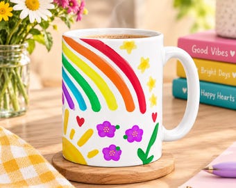 Sunshine and Rainbows Mug, Cute Rainbow Coffee Mug, Cheerful Gift, Colorful Mug, Positive Vibes Mug, Happy Gift, Teacher Gift