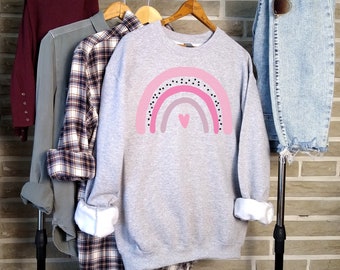 Pink rainbow sweatshirt, valentine rainbow sweatshirt, rainbow with heart sweatshirt, Valentine's sweatshirt for women, hot pink, gift 4 her