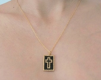 Miyuki black gold Cross Necklace with gold plated beads and chain