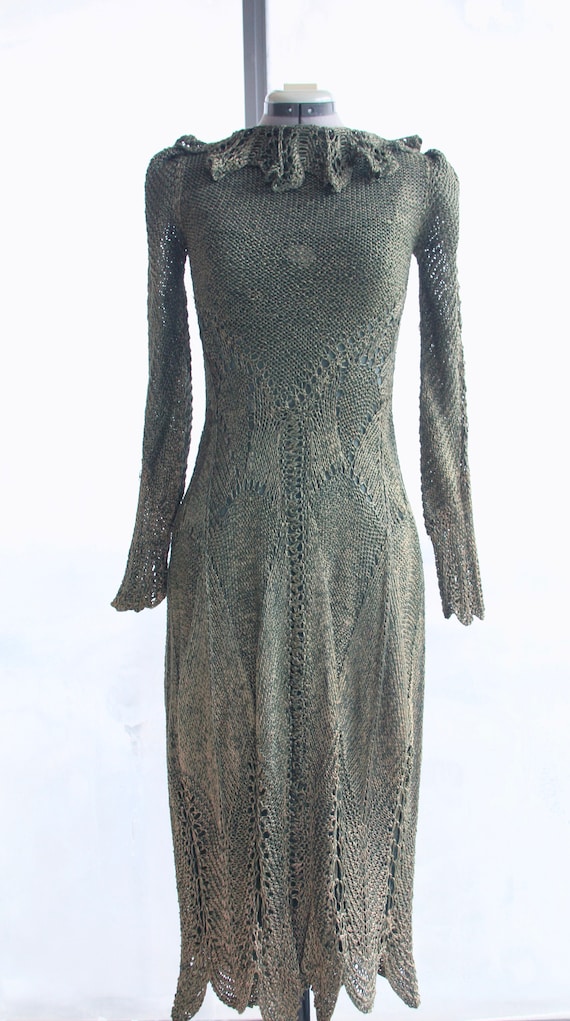 1980s Vintage Italian Hand-Knit Silver-Green Dress