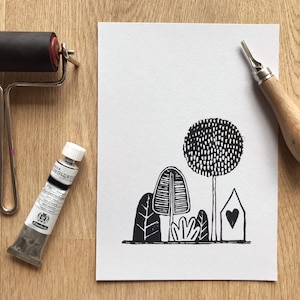 Original Linoldruck A5 „Zauberwald", Blockprint, Art Print, Linocut, Monochrom, minimalistische Wanddeko