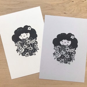 Original Linoldruck A5 „Blumenmädchen", Wanddeko, Geschenk Muttertag, Danke, Blumen, kleines Poster, Kinderzimmer, Mitbringsel, Kunstdruck