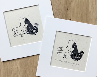 Original Linoldruck „Vogelpärchen" inklusive Passepartout, Geschenk Ostern, Art Print Vogel, Muttertagsgeschenk, Kunstdruck, Frühlingsdeko