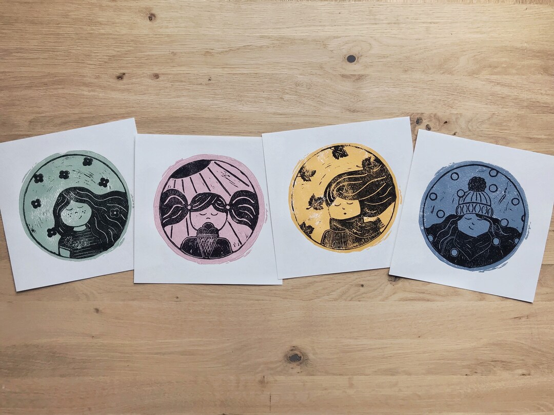 Set of 4 Original Linocut Prints seasons Girls, Wall Decoration ...