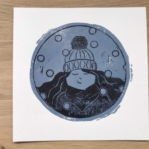 Original Linoldruck „Wintermädchen", Wanddeko Kinderzimmer, Print Mädchen, Kinderzimmerbild