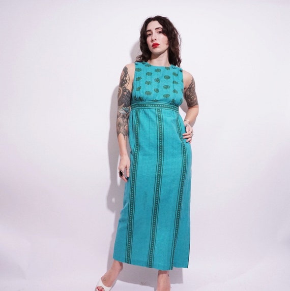 70’s Blue Green Maxi Dress - image 1