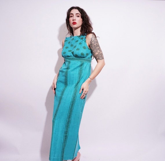 70’s Blue Green Maxi Dress - image 3