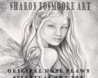 Coloring Page, Grayscale illustration, Printable Adult coloring page,  Beautiful Girl Portrait, Fairy Spirit Guide, Original Art,