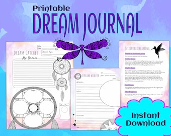 May include: Printable dream journal with a pink and blue watercolor background. The journal features three pages with different designs: a dream catcher, a dream weaver, and a spiritual dreaming page. The pages are decorated with illustrations of a dragonfly, a hummingbird, and a sun.