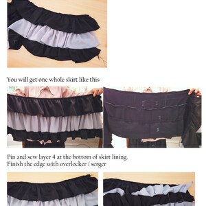 Puede incluir: Una gu&iacute;a paso a paso sobre c&oacute;mo coser una falda con m&uacute;ltiples capas de tela. La imagen muestra el proceso de unir las capas de tela y terminar los bordes con una remalladora o un overlock.