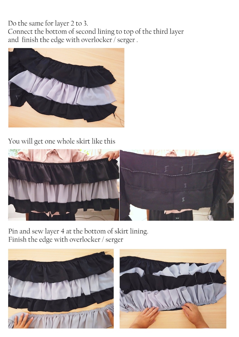 Puede incluir: Una gu&iacute;a paso a paso sobre c&oacute;mo coser una falda con m&uacute;ltiples capas de tela. La imagen muestra el proceso de unir las capas de tela y terminar los bordes con una remalladora o un overlock.