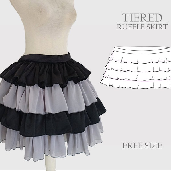 DIY falda de volantes de tres capas escalonadas PDF patrón de costura Descarga digital, tutorial de costura para principiantes de moda casual lolita