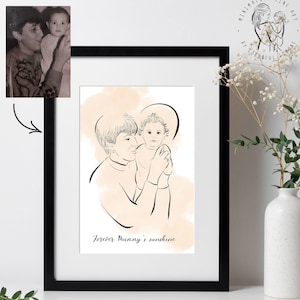 Custom Portrait from Old Photo of mother and child. Personalised Minimalist Line Art Portrait. Sentimental Gift idea for mom from children.