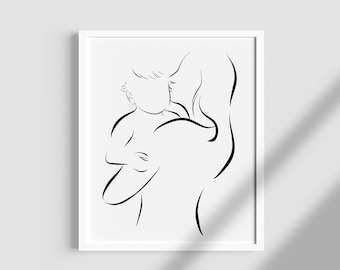 Dessin au trait mère et fils. Impression nouvelle maman. Cadeau maman. Impression d'art nouveau-né. Cadeau pour maman et bébé. Cadeau imprimé baby shower. Cadeau fête des mères