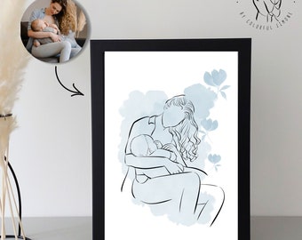 May include: A minimalist line art illustration of a mother holding a baby. The illustration is in black and white with a blue watercolor background. The illustration is framed in a black frame.