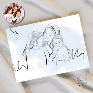 Custom Mother and Children Portrait from Photo. Minimalist Line Art. Digital file only. Gift for wife from kids. Gift for wife. Mother&#39;s Day