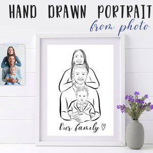 Custom Family illustration from photo. Line art personalised portrait. Family gift idea. Mothers day art. Family of three gift line art idea