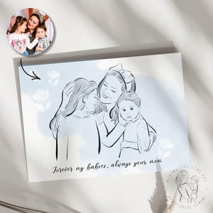 Valentine’s Day Gift for mum from Children, Mother and Children Line Art Portrait from Photo. Mother's Day Gift from Children.