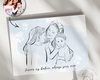 Valentine’s Day Gift for mum from Children, Mother and Children Line Art Portrait from Photo. Mother's Day Gift from Children.