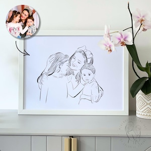 Hand Drawn Portrait from Photo. Mother&#39;s Day Gift from Children. Minimalist Simple Sketch for her. Mummy and me art drawing.