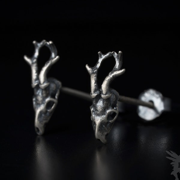 Boucles d'oreilles cerf en argent sterling 925 - Boucles d'oreilles sorcière - Puces d'oreilles cerf - Bijoux gothiques - Puces d'oreilles punk - Véritable crâne d'animal