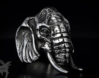 Silver Elephant Ring - African Animal Jewellery - Animal Skull Ring - Mens Biker Ring - Stainless Steel