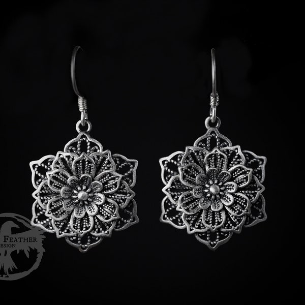 Lotus Flower Earrings - Sterling Silver Mandala - Yoga Jewelry - Spiritual Jewellery - Gift For Her
