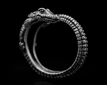 Bague alligator en argent sterling 925 - Bague crocodile ajustable - Bijoux reptile - Bague animal