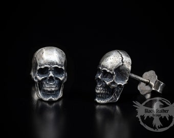 Skull Stud Earrings - Sterling Silver Anatomical Skull - Small Gothic Earrings - Occult Jewellery - Gothic Gifts