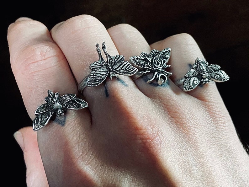 Celestial Moth Ring Witchy Ring Gothic Jewellery Adjustable Ring Wiccan creature Insect Jewellery image 10