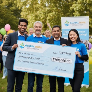 May include: A cheque presentation from the Global Hope Foundation to Community Arts Tust for £100,000.00, dated 10/01/2024. Several people, some in blue shirts, hold the oversized cheque, smiling in an outdoor setting.