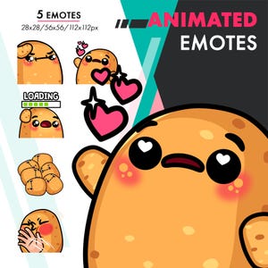 May include: Animated potato emotes with different expressions, including a potato with glasses, a potato with hearts, a potato loading, a potato with hearts in its eyes, and a potato waving. The emotes are in various sizes and are set against a white background with a black and teal background.