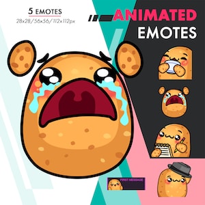 May include: Animated potato emotes with different expressions, including crying, drinking, writing, and wearing a hat. The emotes are in various sizes and are set against a colourful background with the text "ANIMATED EMOTES".