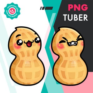 May include: Two cartoon peanut characters with expressive faces. One peanut smiles with rosy cheeks, the other has an angry expression. The image includes the text "PNG TUBER" and a "Download Now" button.
