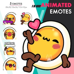 May include: Animated emotes featuring a cartoon egg character with various expressions. The emotes include a birthday cake, heart, sticking out tongue, and a loading bar. The text "5 Emotes" and "Animated Emotes" are also visible.