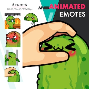 May include: Animated pickle emotes in various poses, including a pickle with a devil horn, a pickle in jail, and a pickle being squeezed by a hand. The text "ANIMATED EMOTES" is in the background.