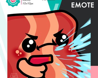 May include: Animated emote of a cartoon bacon character with angry eyes and a red mouth, wearing a blue shirt and holding a red spray bottle, spraying a blue liquid.