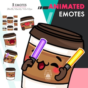 Puede incluir: Emoticones animados con tazas de café con varias expresiones y sosteniendo sables de luz. La imagen incluye el texto "5 Emotes" y "Animated Emotes". Las tazas de café son marrones con detalles blancos y negros, y los sables de luz son morados y amarillos.