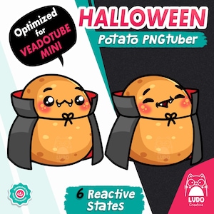 May include: A digital graphic featuring two cartoon potatoes dressed as vampires with black capes and red linings. The text reads HALLOWEEN Potato PNGtuber, Optimized for VEADOTUBE MINI, and 6 Reactive States. The potatoes have pink cheeks.