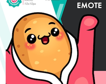 May include: Animated emote of a cartoon potato wearing a pink robe and waving. The potato has a happy expression with big eyes and a smile.