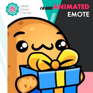 May include: A cartoon potato with a big smile and large eyes holds a blue gift box with a yellow bow and ribbon. The potato is wearing a yellow bow tie. The background is black with the text "ANIMATED EMOTE" in white.